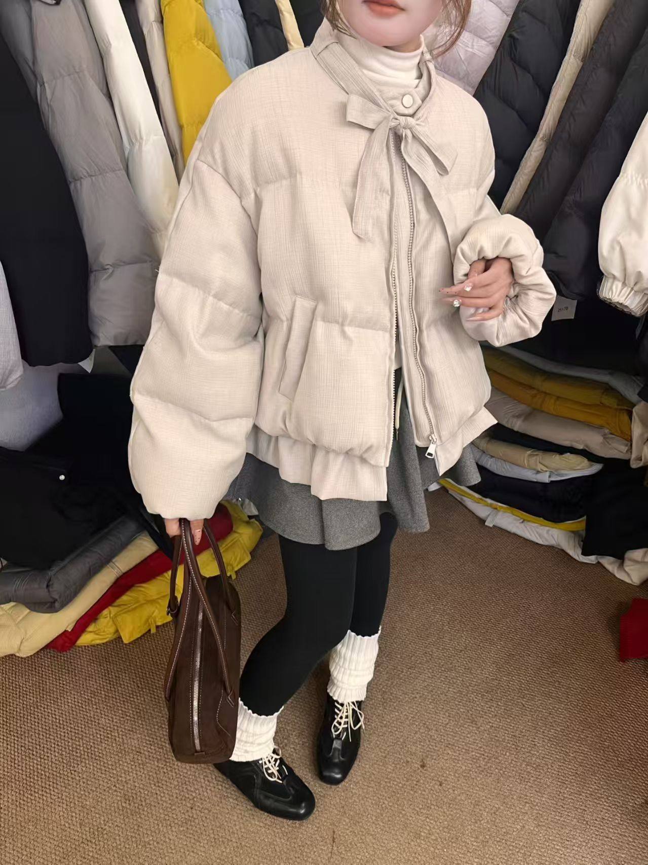 2025冬新款甜美泡芙90白鸭绒外套韩系蝴蝶结蓝色花苞羽绒服女短款
