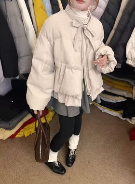 2025冬新款甜美泡芙90白鸭绒外套韩系蝴蝶结蓝色花苞羽绒服女短款