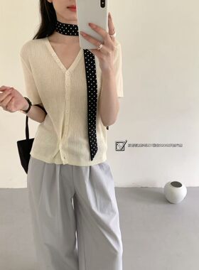 紫依32052针织衫女2026夏季新款韩系设计感小众短袖显瘦V领上衣