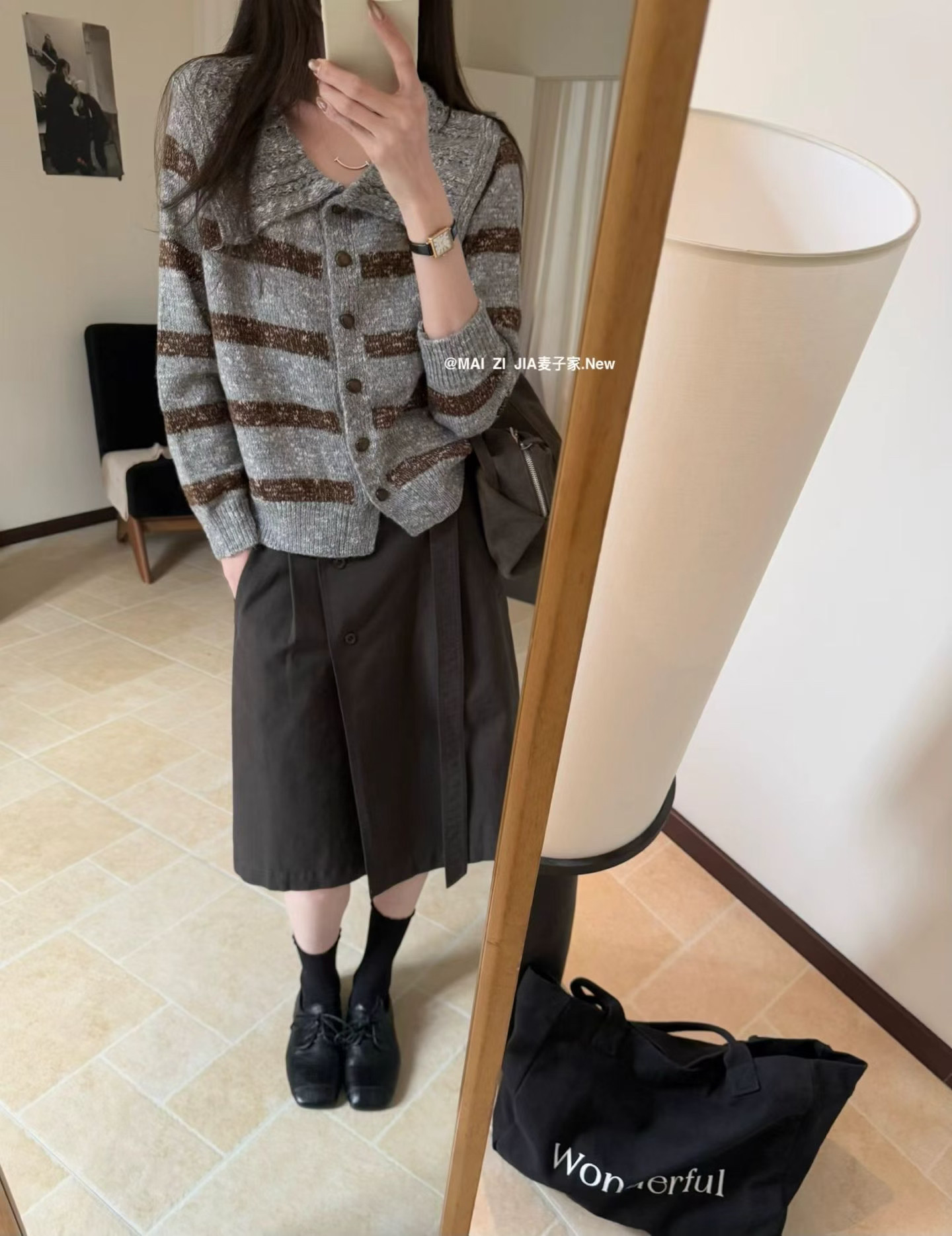 韩系复古撞色条纹翻领毛衣开衫外套女秋冬宽松慵懒风小个子针织衫图片