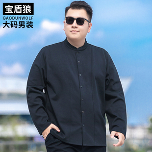 加肥大码T恤开衫男立领新中式上衣秋季新款肥佬宽松休闲棉T恤外套