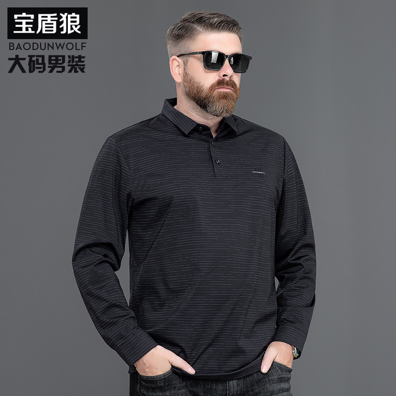 宝盾狼中老年加大码男士条纹体恤衫特大号肥佬宽松弹力长袖t恤衫