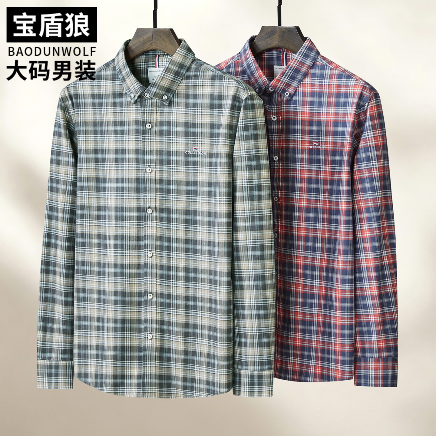 肥佬宽松显瘦格子长袖衬衫