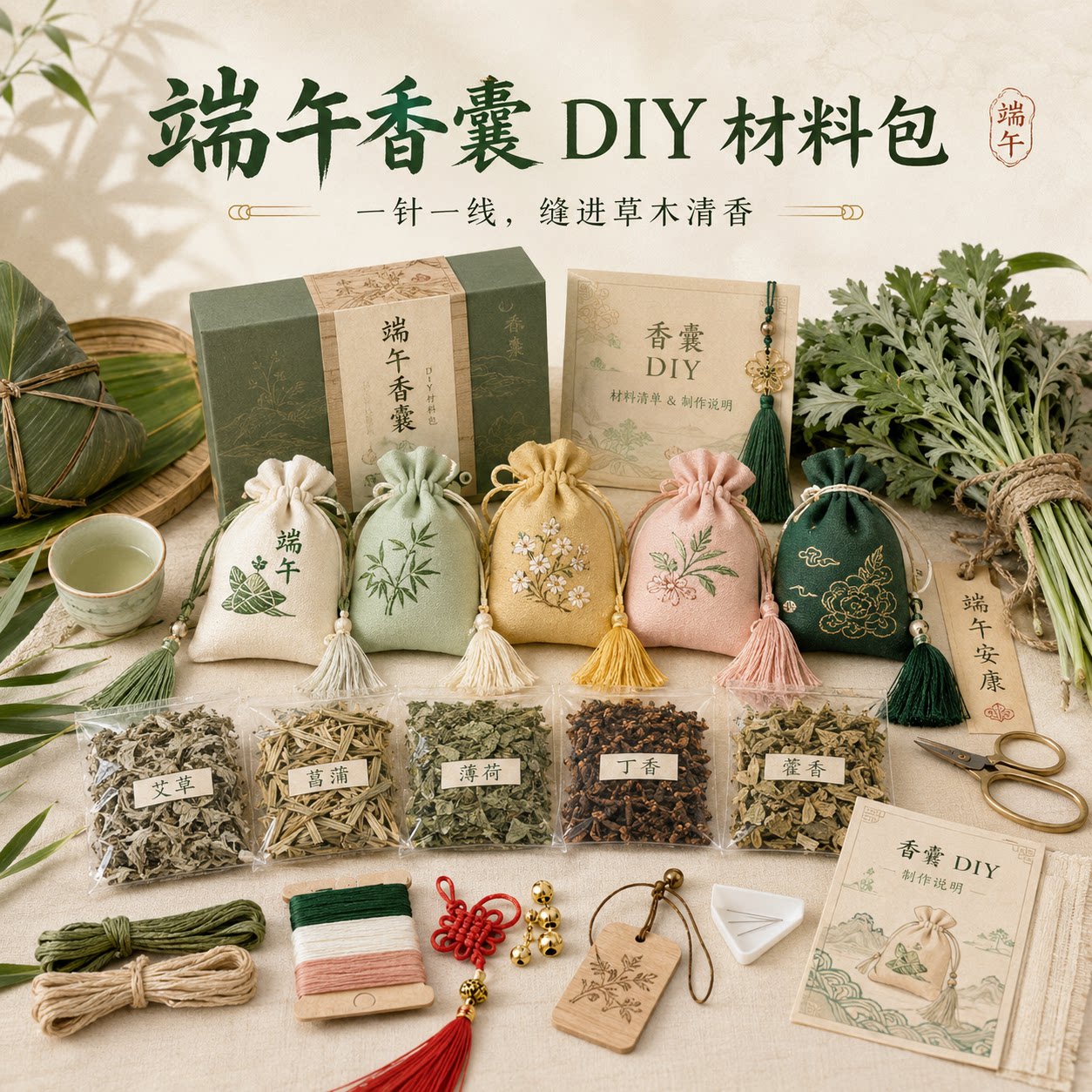 端午节香囊DIY材料包中药包香包空袋驱蚊包藿香艾草陈皮非遗挂件