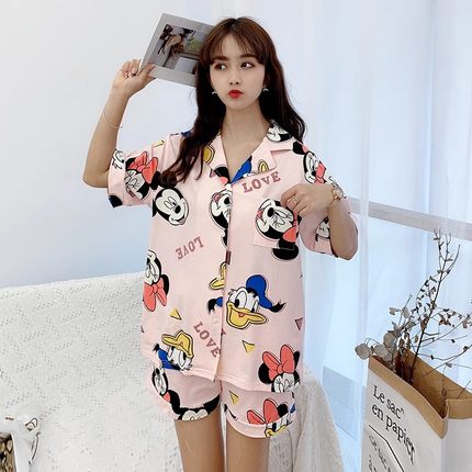 睡衣情侣春夏网红纯棉可爱韩版卡通米老鼠休闲家居服套装少女大码