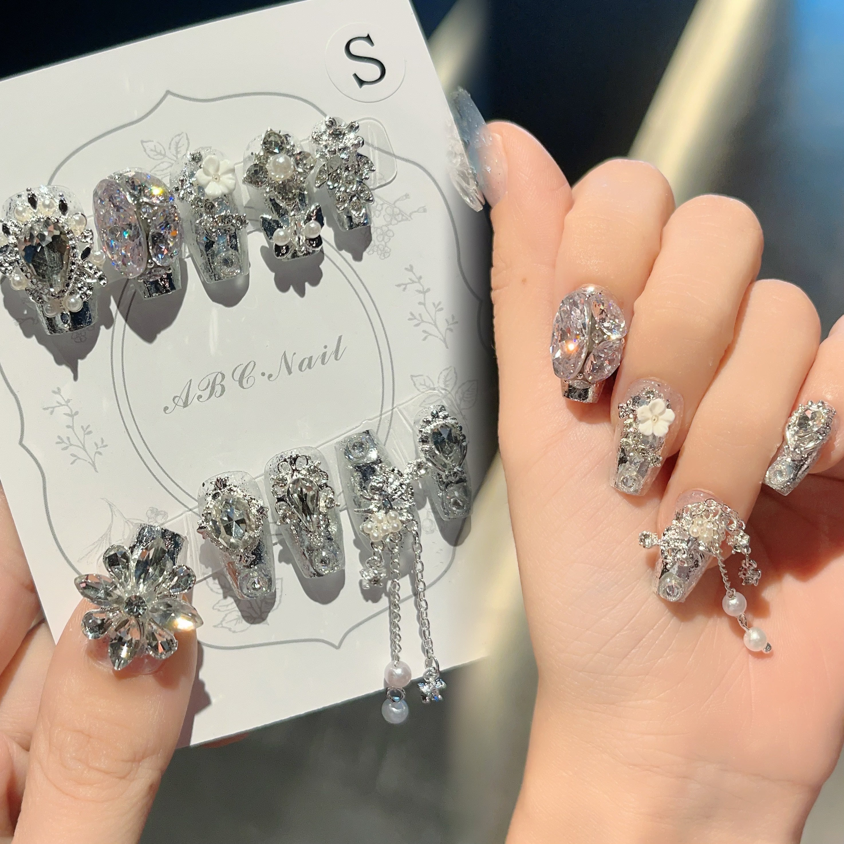 【A36】爆闪短梯银白雪花高级美甲成品纯手工可拆卸穿戴甲