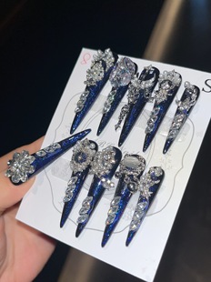 A34爆闪深蓝黑金长尖高级美甲成品纯手工可拆卸穿戴甲