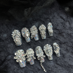 美甲 银色爆闪纯手工穿戴甲满钻高级苗疆风格 203