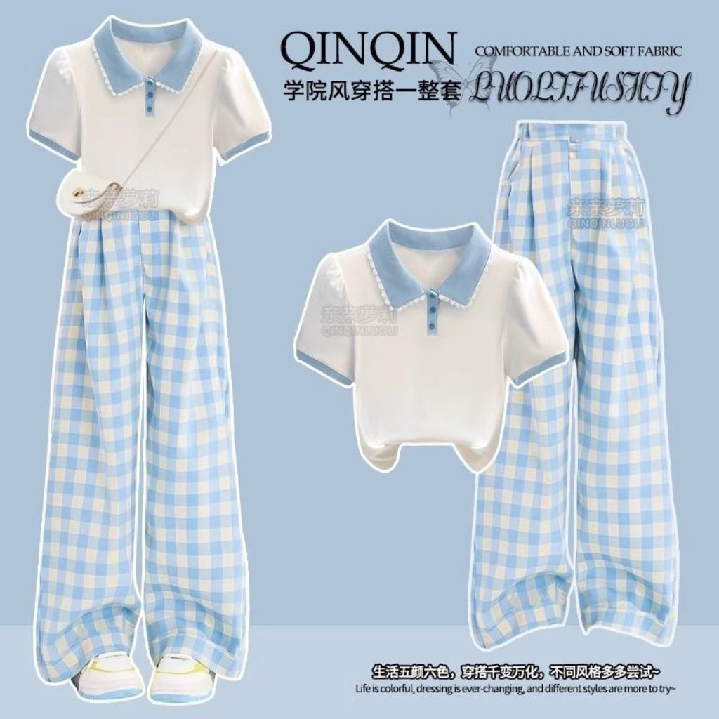 女童夏季阔腿裤套装2025儿童Polo短袖T恤青少年格子裤学院风夏装