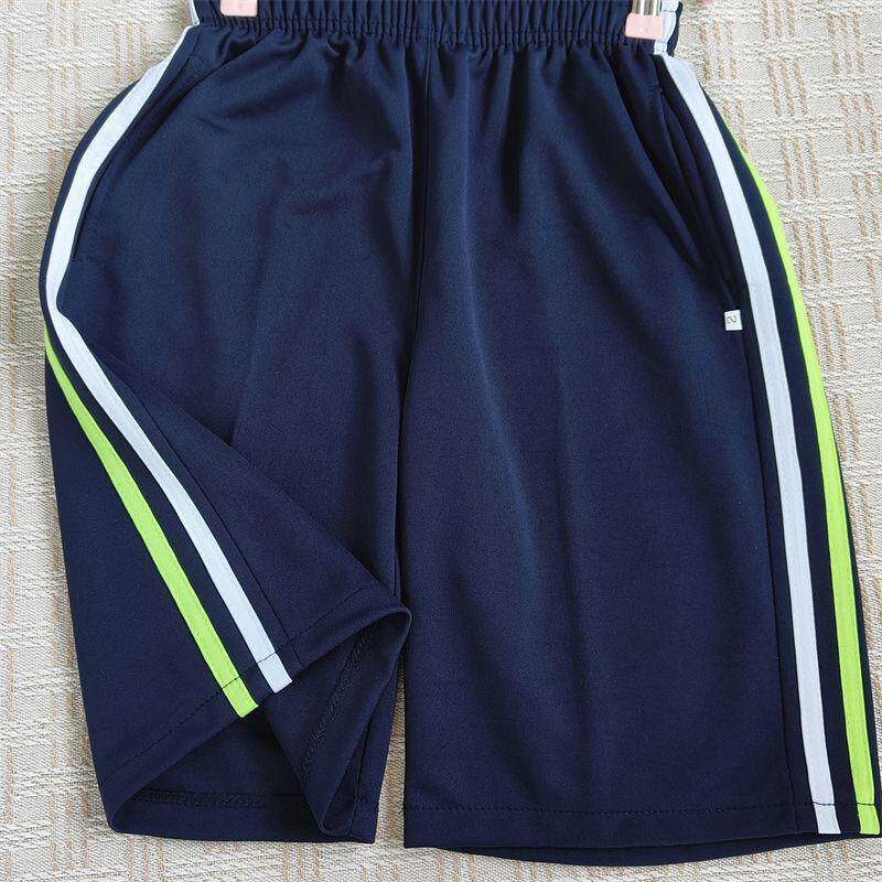 五分裤一条杠中小学生夏季二道男童外穿藏青色校服裤短裤纯棉红白