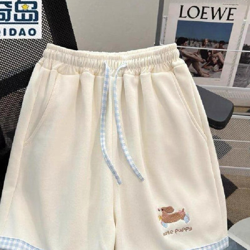可爱拼接格子短裤女甜美休闲夏季新款百搭宽松阔腿裤女童小狗刺绣
