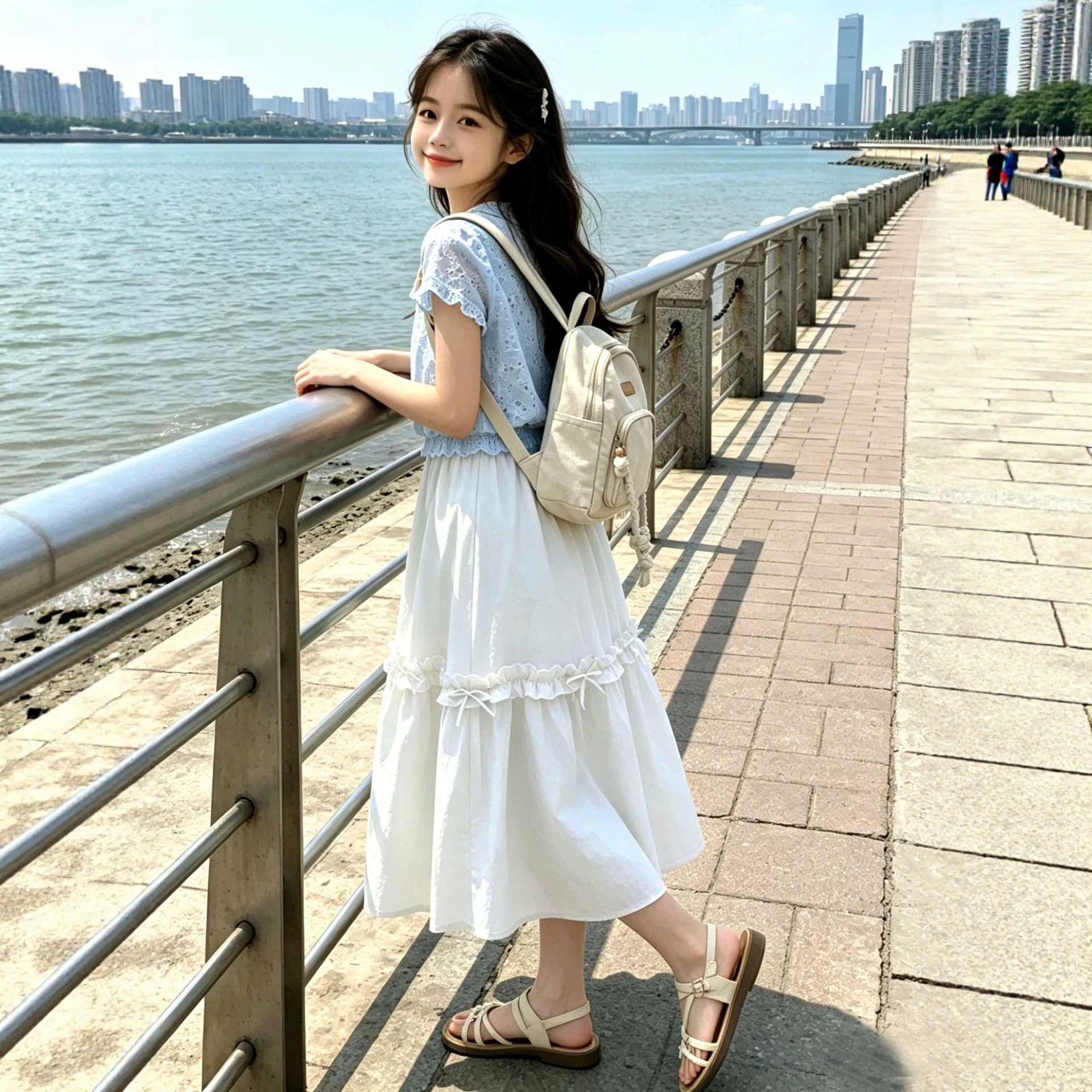 女童白色中长A字纯色棉麻半身裙