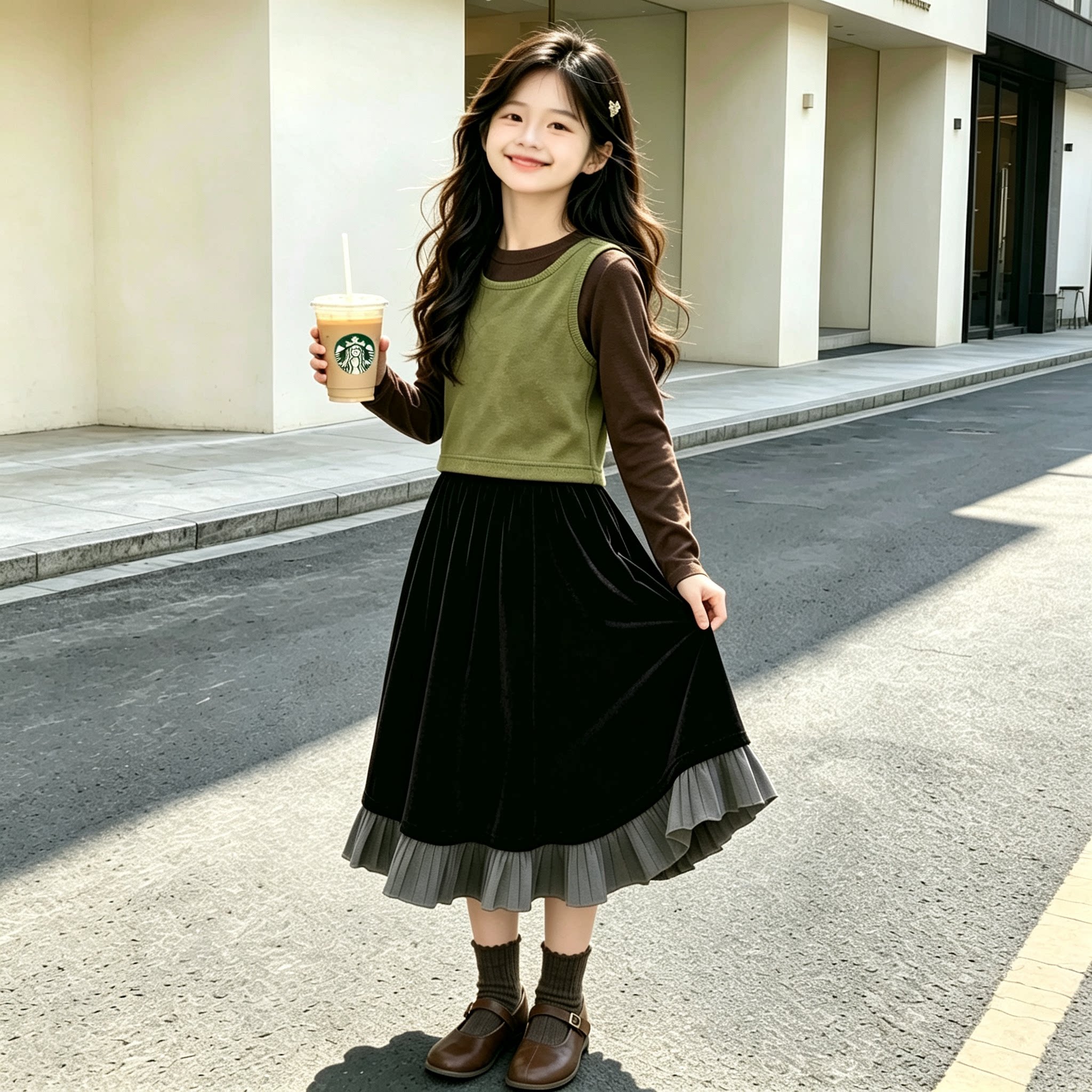 贝聪美女童丝绒A字拼接半身裙