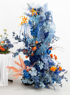 蓝色森系油画风婚礼场景花艺布置舞台售楼部背景仿真花卉成品套装