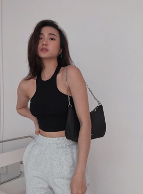 withangel 黑色针织背心女内搭螺纹圆领短款吊带女百搭上衣女