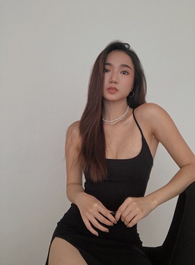 Withangel 黑色性感吊带开衩连衣裙2021秋季高腰修身绑带露背裙女