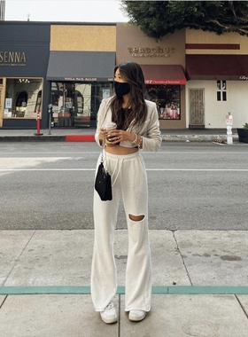 WithAngel 运动休闲高腰破洞卫裤2021年秋直筒微喇叭阔腿裤长裤女