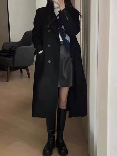 Демисезонное длинное черное шерстяное пальто, в корейском стиле