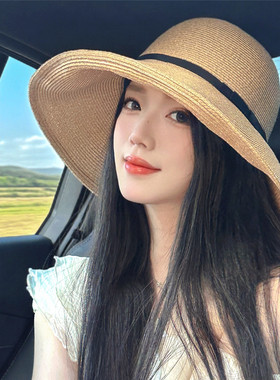 日本override草帽女夏季杨超越同款防晒帽遮阳百搭UV可收纳太阳帽