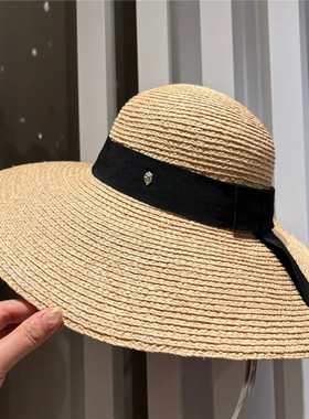 日本贵牌13cm帽檐贵妇飘带手工拉菲草帽大檐防晒遮阳沙滩度假草帽