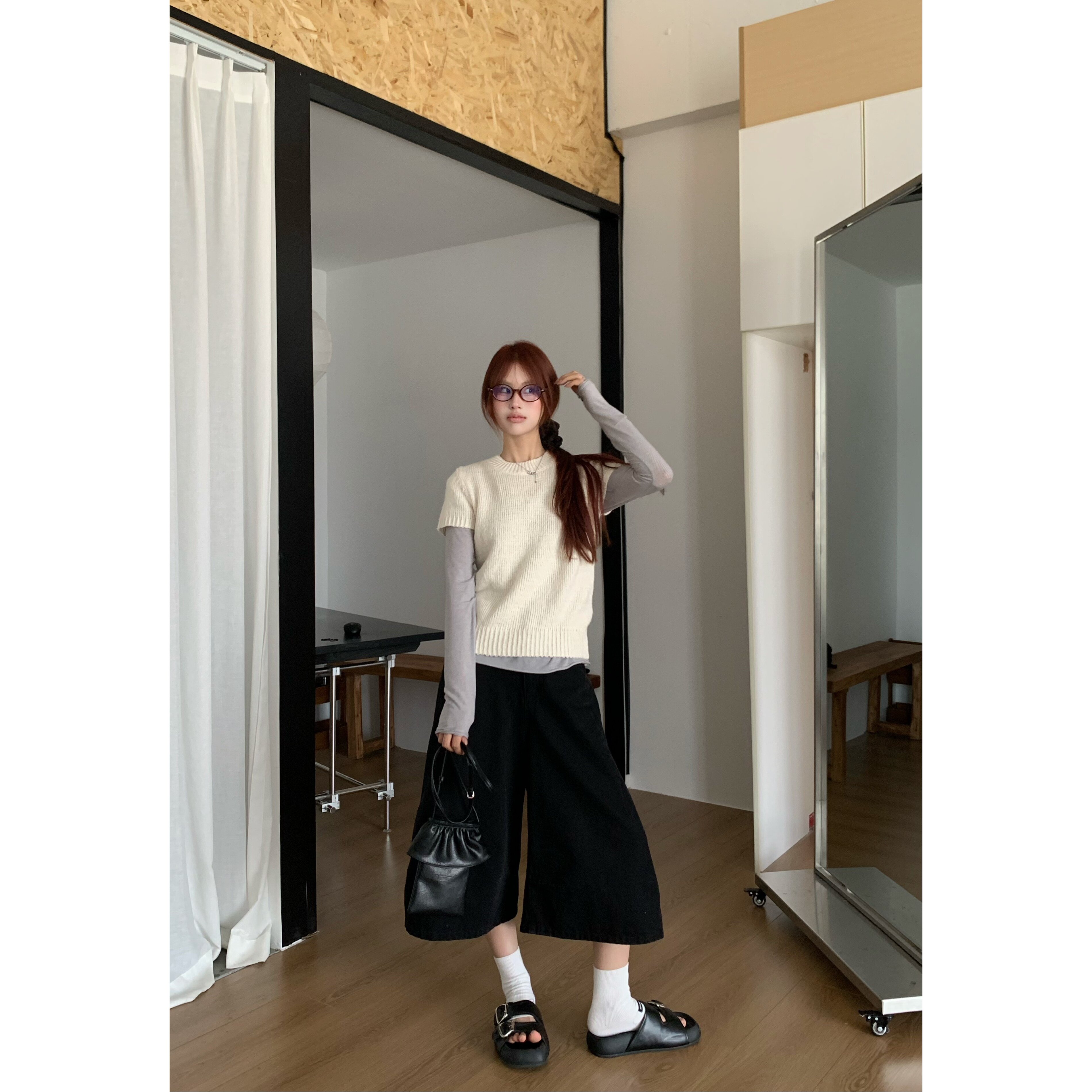 小个子高腰阔腿七分显瘦牛仔裤图片