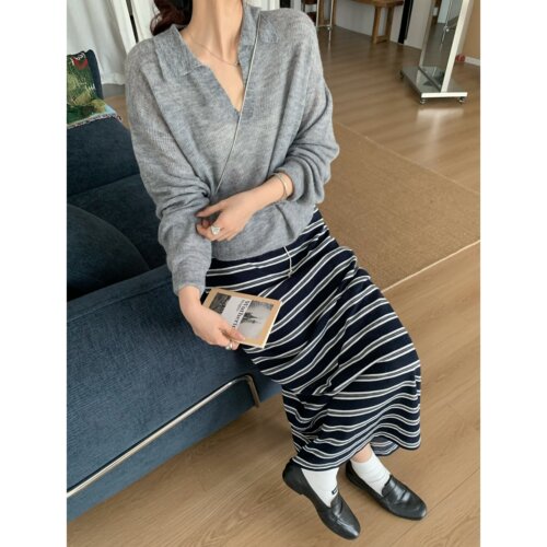 秋季韩系老钱风V领慵懒毛衣女