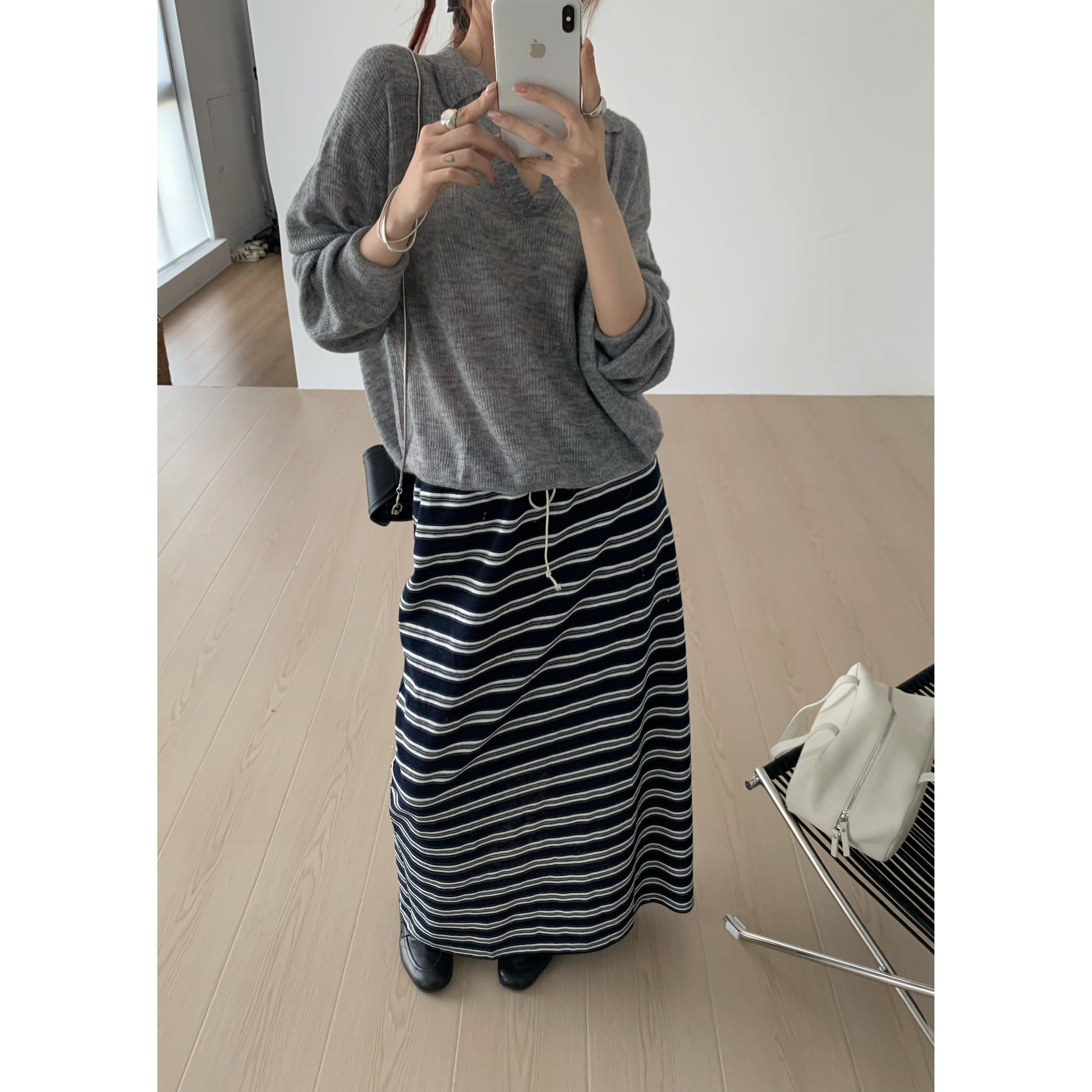 韩里Hanle 韩版慵懒风条纹半身长裙女高腰显瘦A字裙休闲百搭裙子