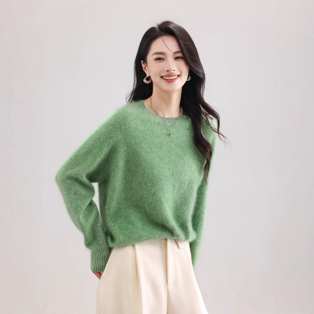 拉绒 25年新 5%山羊绒95澳洲羊毛 圆领无缝拉毛羊绒衫
