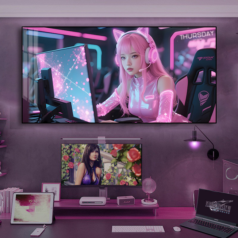 赛博朋克风少女二次元挂画网吧电竞房led灯发光装饰画卧室壁画