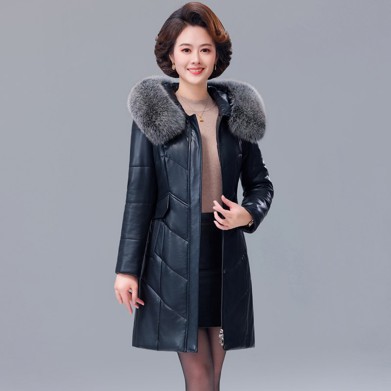 海宁驼绒皮棉衣女中长款大毛领加绒加厚棉服妈妈装黑色皮衣外套