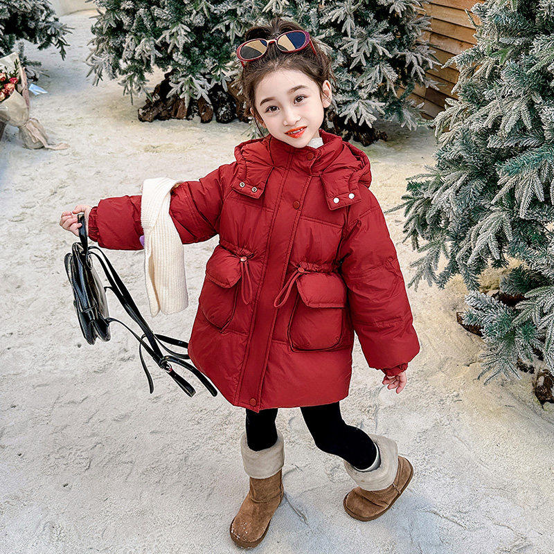 英国DHWA女童羽绒服冬季中长款儿童秋冬加厚红色洋气宝宝冬装外套