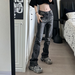 美式高街裂纹水洗黑色弹力微喇牛仔裤窄版直筒修身加长裤子男女款