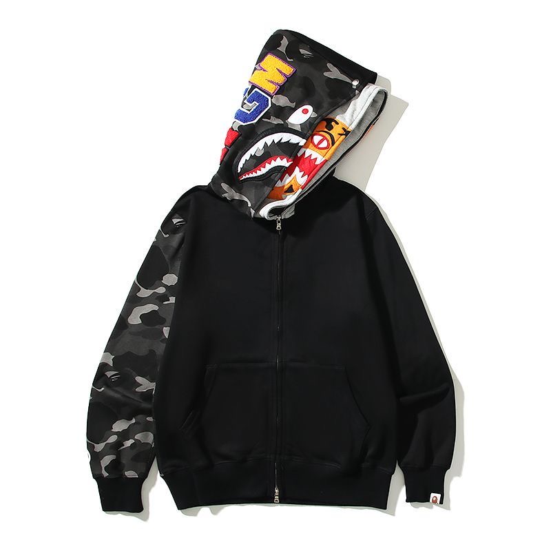双帽鲨鱼迷彩连帽外套拉链开衫