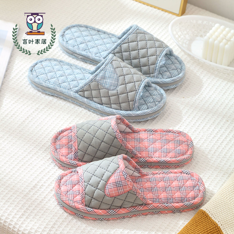 2026韩版格子棉拖鞋情侣款室内居家静音软底防滑一字拖可爱风手工