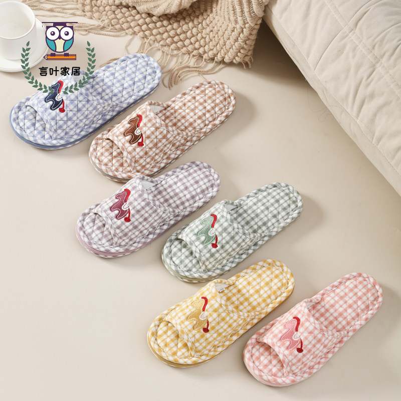 格子棉拖鞋男女情侣款室内家居防滑软底家用拖鞋卡通小马加厚三层