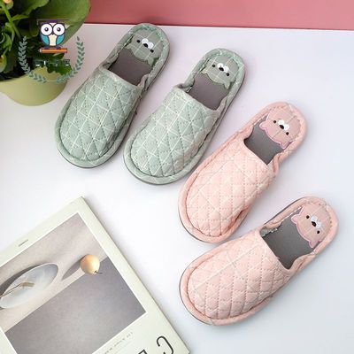 新款纯棉布艺包头情侣棉拖女居家