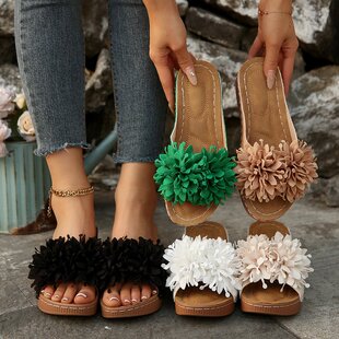 配裙子凉拖女 拖43厚底防滑轻便一字拖鞋 夏季 女士花朵凉鞋