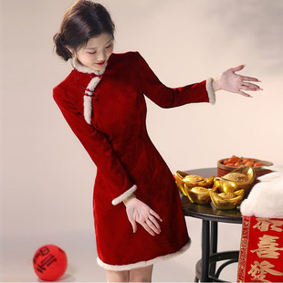 小个子冬装旗袍2025新款冬季红色连衣裙加绒加厚改良新中式长袖女