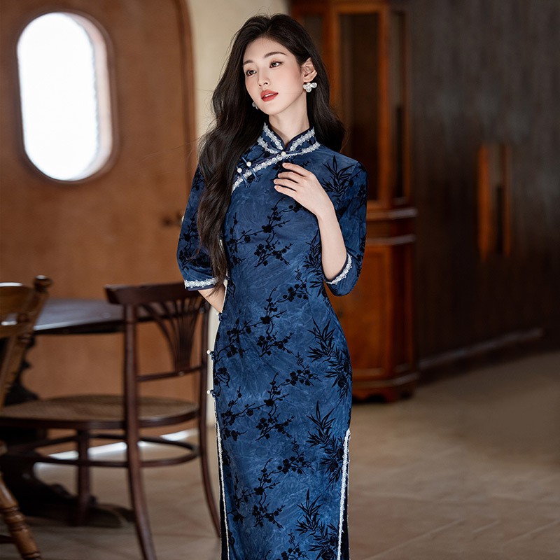 海派旗袍2025新款高端修身改良独特新中式蓝色绝美老上海风春秋款