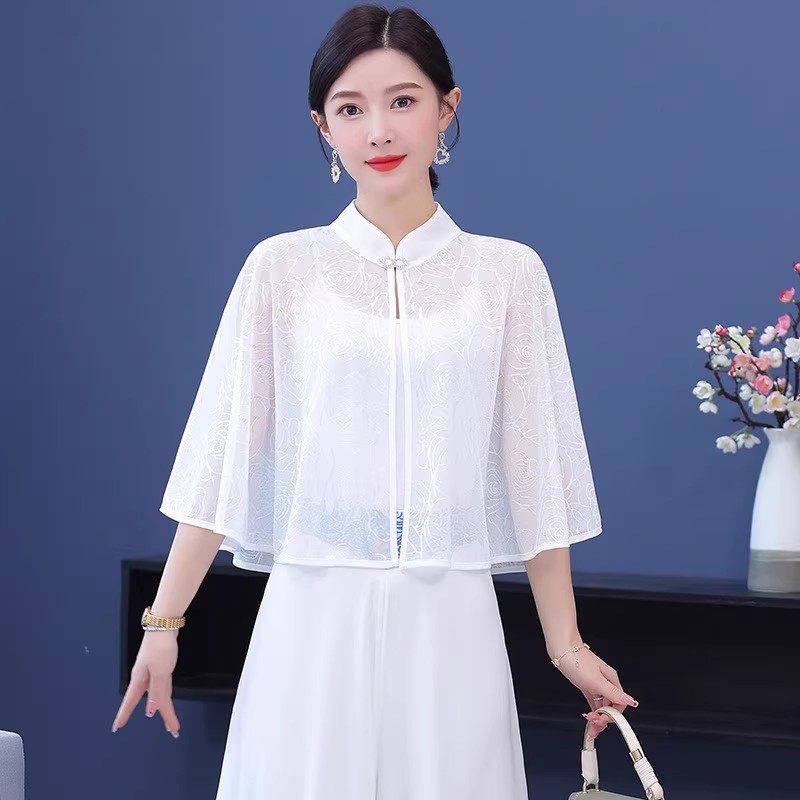 中国风复古云肩蕾丝小坎肩防晒纱披风斗篷女夏天薄款旗袍披肩开衫