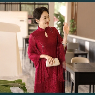 红色流苏披肩妈妈婚宴旗袍外搭斗篷外套结婚礼服喜婆婆春夏女