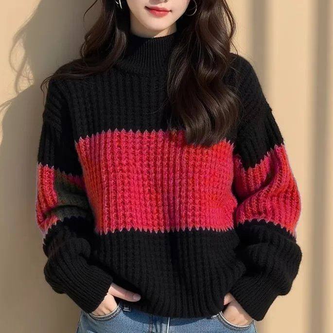 撞色粗线宽松毛衣2025新款冬季洋气高级独特针织慵懒打底上衣