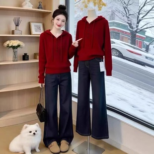 欧货时尚连帽红色针织衫女2025秋冬款大码胖MM高级感宽松漂亮上衣