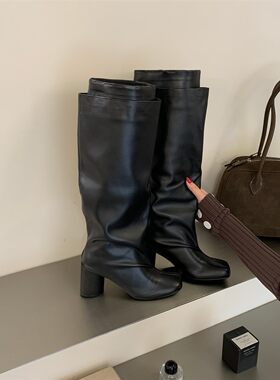 韩版方头粗跟长筒靴女冬百
