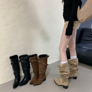 欧美复古皮带扣堆堆靴女冬粗跟高筒长靴西部牛仔靴磨砂真皮骑士靴