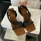 缎面风一字细法式 带女夏新露方头配裙子趾罗马 跟高跟鞋 凉鞋 气质鞋