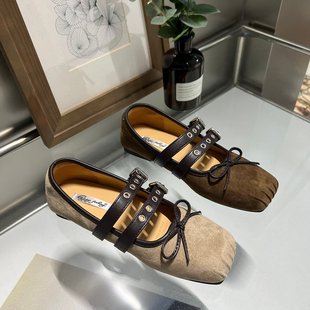 铆钉单鞋法式女平底新款复古双带玛丽珍鞋春秋蝴蝶结方头芭蕾舞鞋