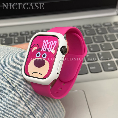 甜酷风玫红表带白色表壳框适用苹果iwatchs11代applewatchs10s9se