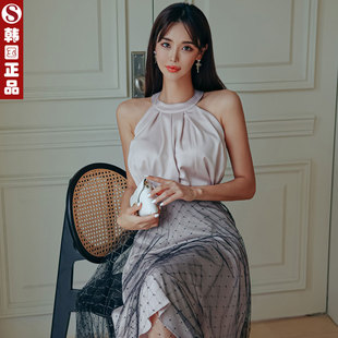 韩国代购正品设计师缎面丝绸挂脖衬衫上衣时尚气质设计感削肩衬衣