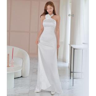 韩国代购晚装生日宴会挂脖连衣裙收腰晚礼服高级感鱼尾长裙子缎面